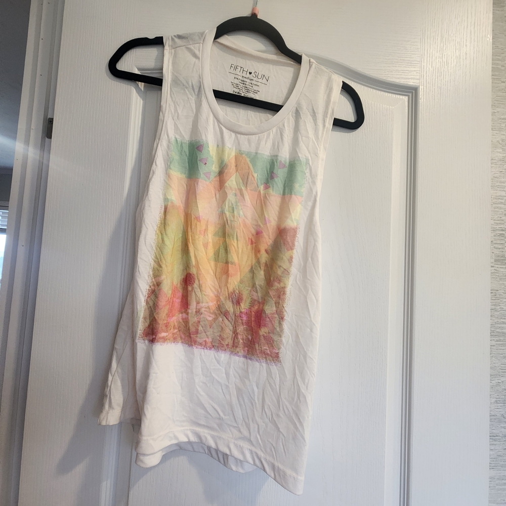 Fifth Sun Women's White Tank Top with Pastel Graphic Size M Euc